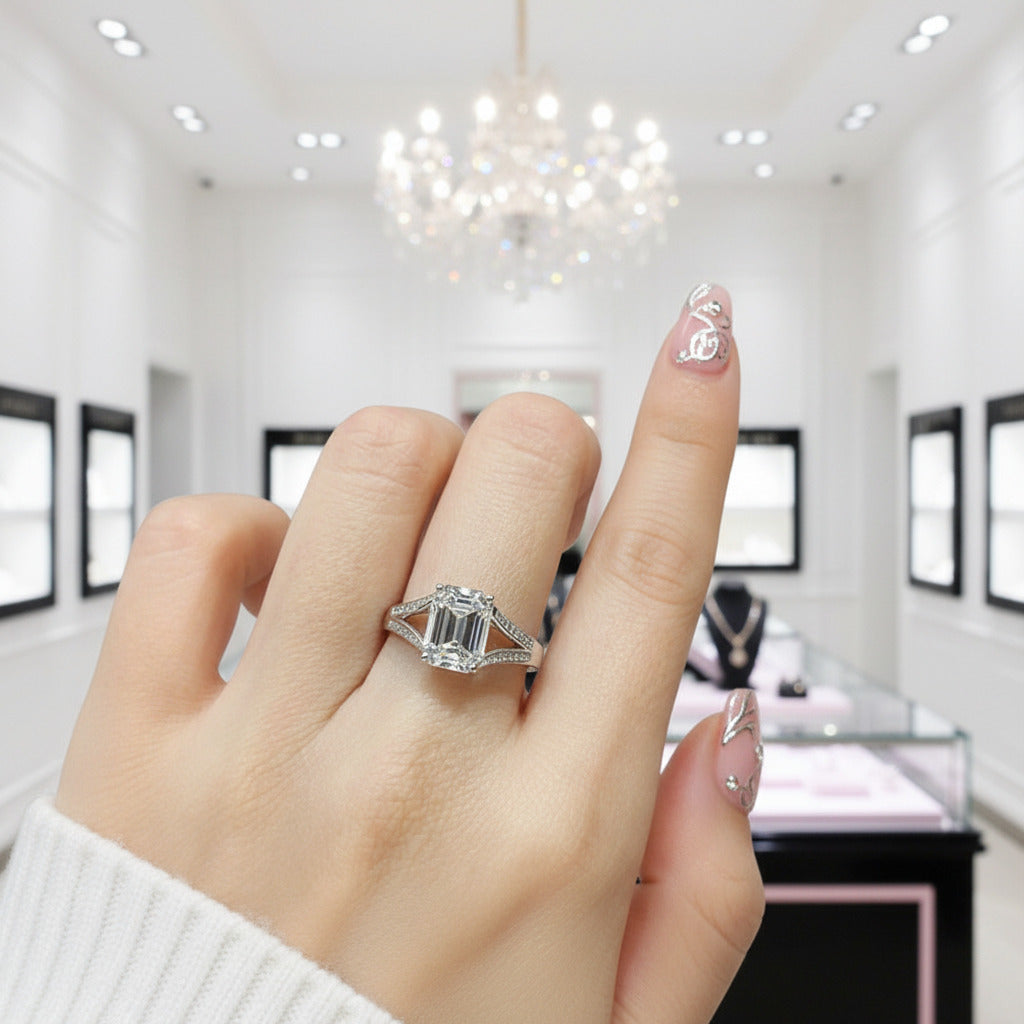 18K White Gold 2 Carat Emerald Cut Diamond Option Split Shank Engagement Ring-Black Diamonds New York