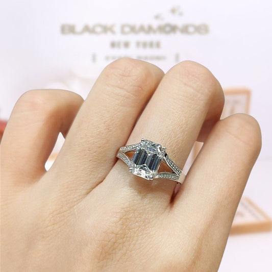 18K White Gold 2 Carat Emerald Cut Moissanite Split Shank Engagement Ring-Black Diamonds New York