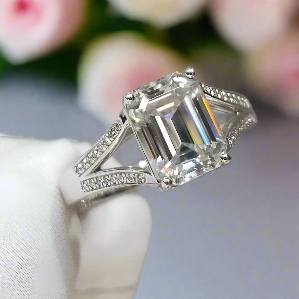 18K White Gold 2 Carat Emerald Cut Diamond Split Shank Engagement Ring-Black Diamonds New York
