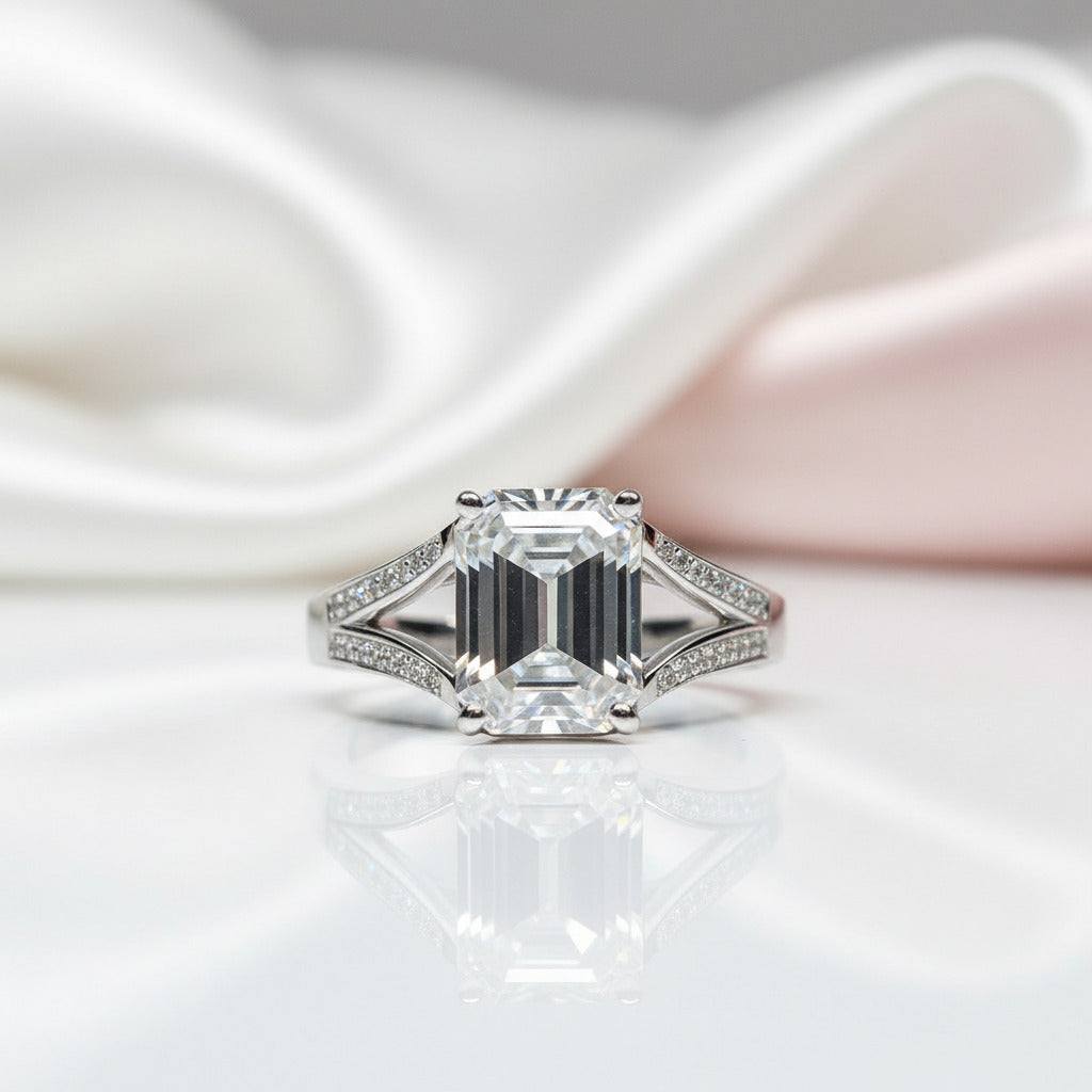 18K White Gold 2 Carat Emerald Cut Diamond Option Split Shank Engagement Ring-Black Diamonds New York