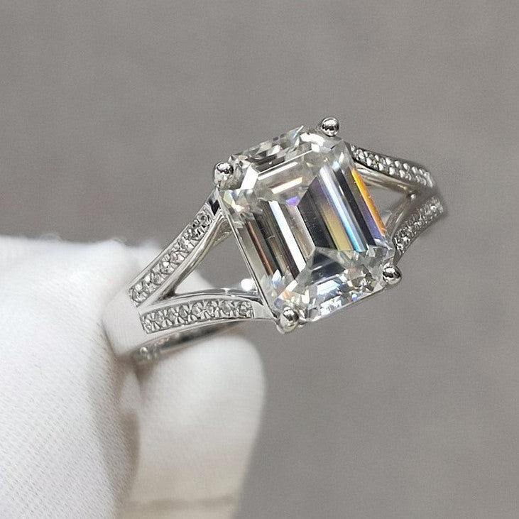 18K White Gold 2 Carat Emerald Cut Moissanite Split Shank Engagement Ring - Black Diamonds New York
