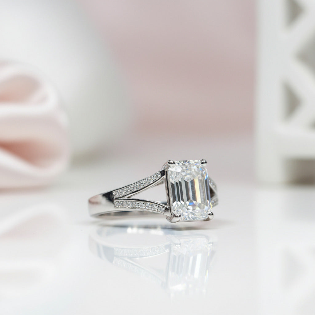 18K White Gold 2 Carat Emerald Cut Diamond Option Split Shank Engagement Ring-Black Diamonds New York