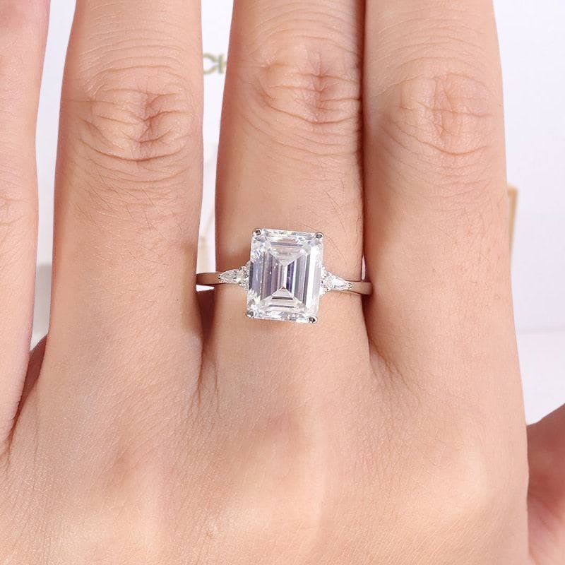 18k White Gold 5.0ct Emerald Cut Moissanite Engagement Halo Ring - Black Diamonds New York