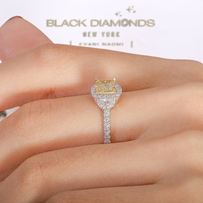 18k White Gold Cushion Cut Yellow Moissanite Engagement Ring-Black Diamonds New York