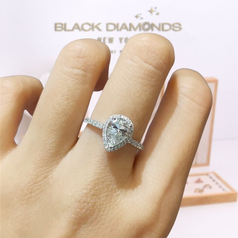 18K White Gold Pear Cut 1 Carat Moissanite Water Drop Engagement Ring-Black Diamonds New York