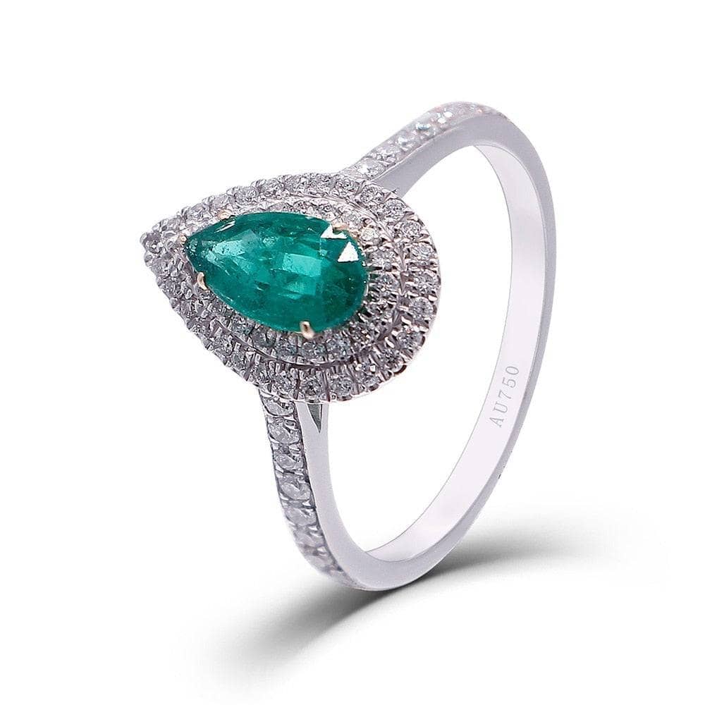 18k White Gold Pear Cut Natural Emerald Double Halo Engagement Ring - Black Diamonds New York