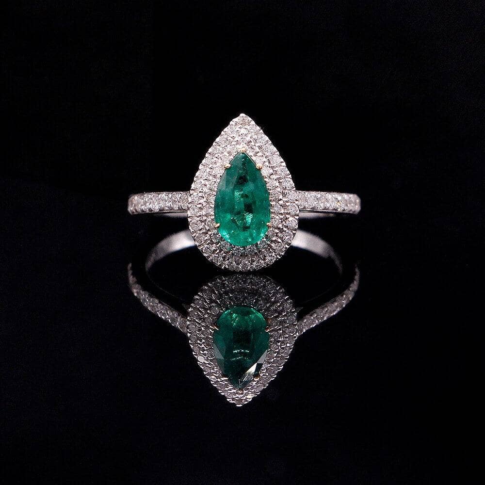 18k White Gold Pear Cut Natural Emerald Double Halo Engagement Ring - Black Diamonds New York