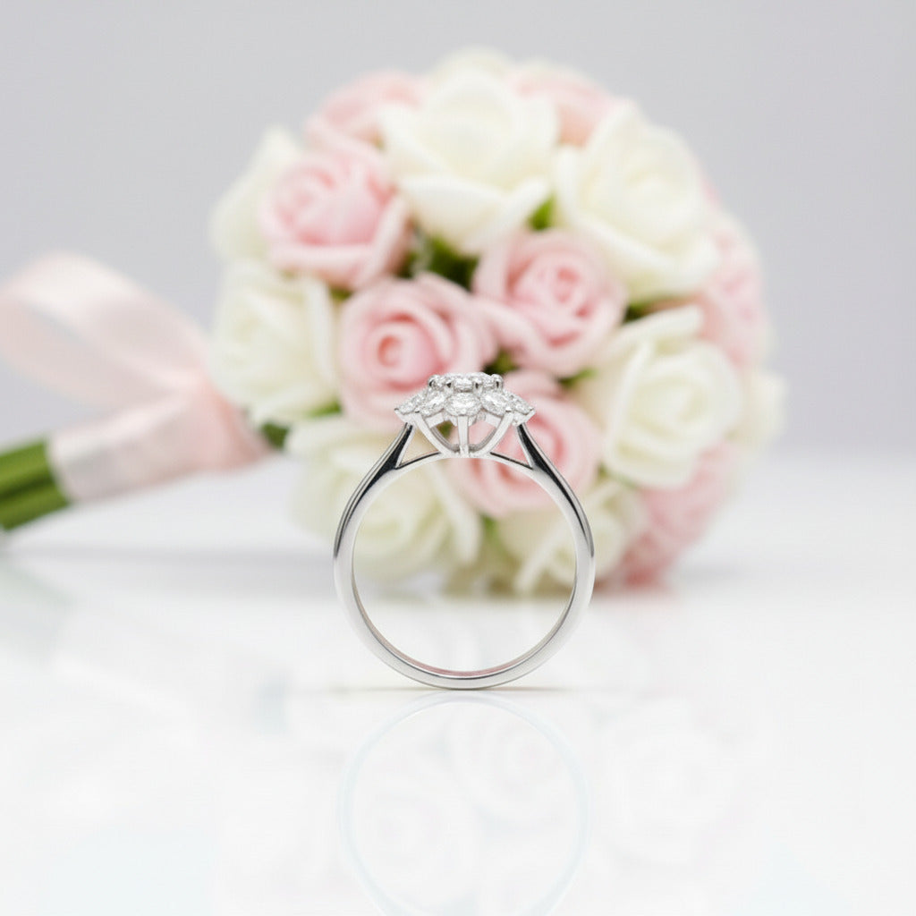 18K White Gold Round Cut 1 Carat Diamond Option Sunflower Engagement Ring-Black Diamonds New York