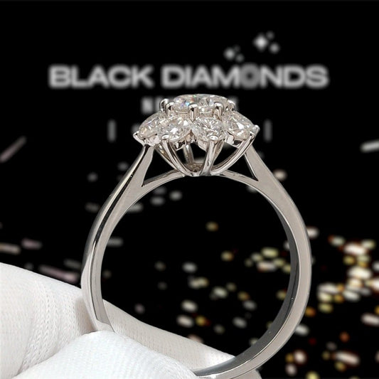 18K White Gold Round Cut 1 Carat Moissanite Sunflower Engagement Ring-Black Diamonds New York