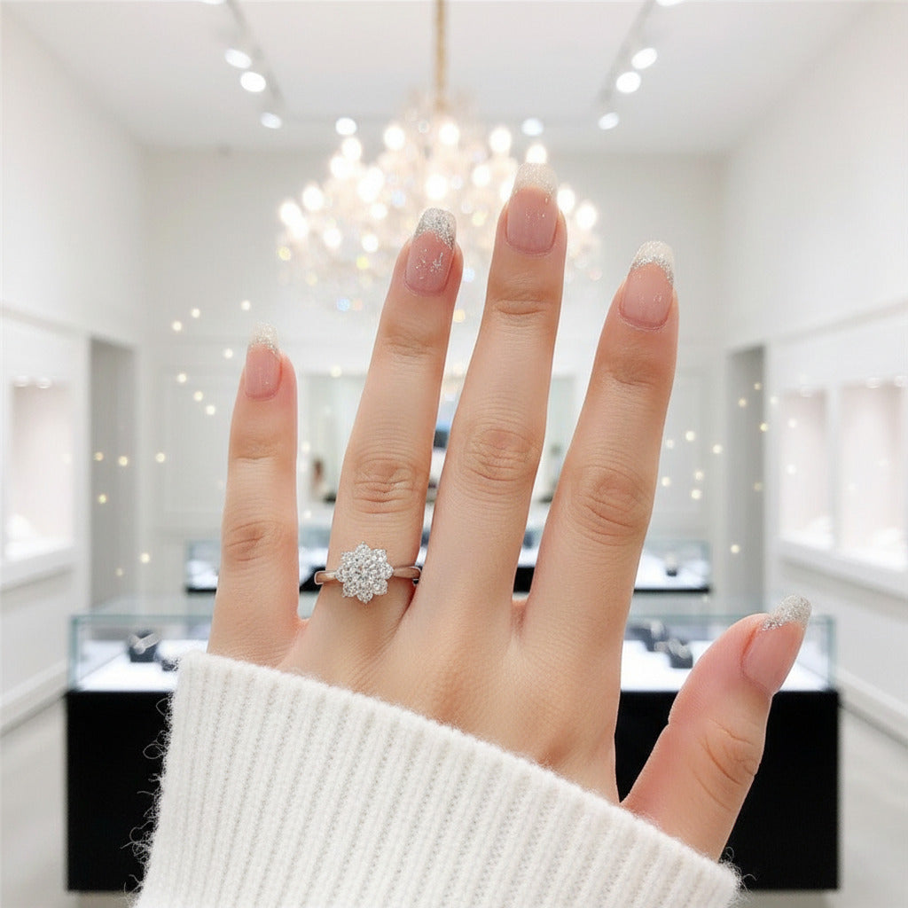 18K White Gold Round Cut 1 Carat Diamond Option Sunflower Engagement Ring-Black Diamonds New York