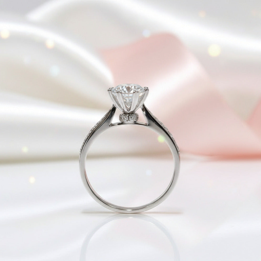 18K White Gold Round-Cut 1.0 ct 6 Heart Prong Diamond Engagement Ring-Black Diamonds New York