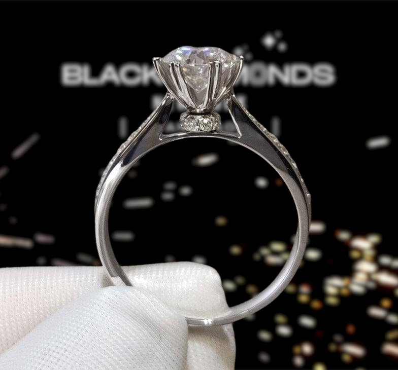 18K White Gold Round-Cut 1.0 ct 6 Heart Prong Diamond Engagement Ring-Black Diamonds New York