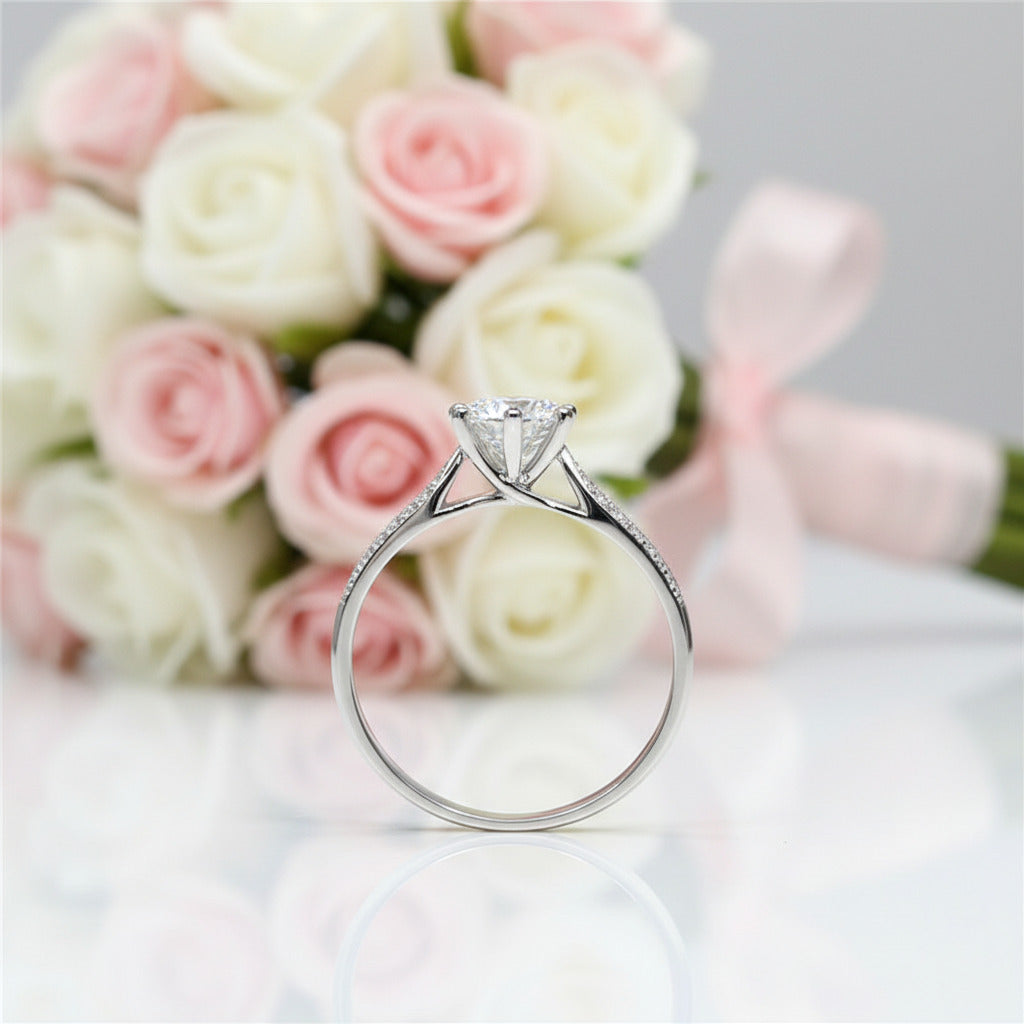 18K White Gold Round Cut 1ct 9mm Diamond Option Star Queen Engagement Ring-Black Diamonds New York