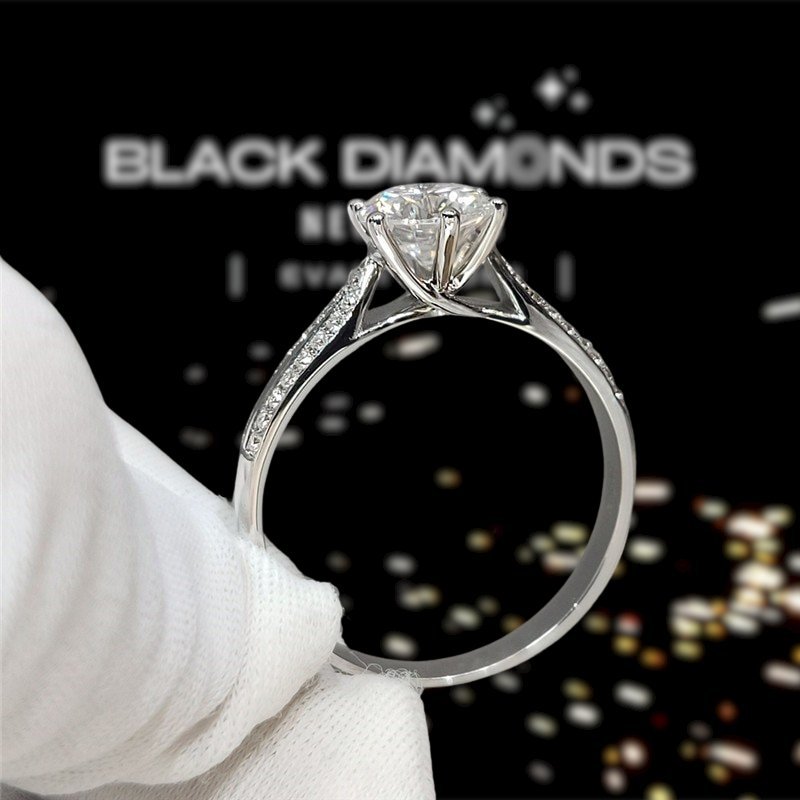 18K White Gold Round Cut 1ct 9mm Moissanite Star Queen Engagement Ring-Black Diamonds New York