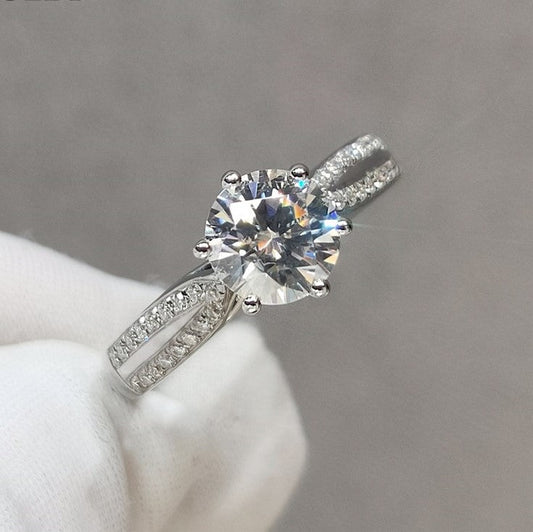 18K White Gold Round Cut 1ct 9mm Moissanite Star Queen Engagement Ring - Black Diamonds New York