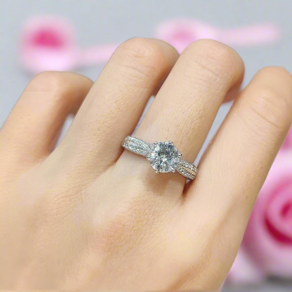 18K White Gold Round Cut 1ct 9mm Diamond Star Queen Engagement Ring-Black Diamonds New York