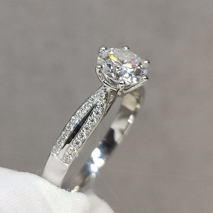 18K White Gold Round Cut 1ct 9mm Moissanite Star Queen Engagement Ring-Black Diamonds New York