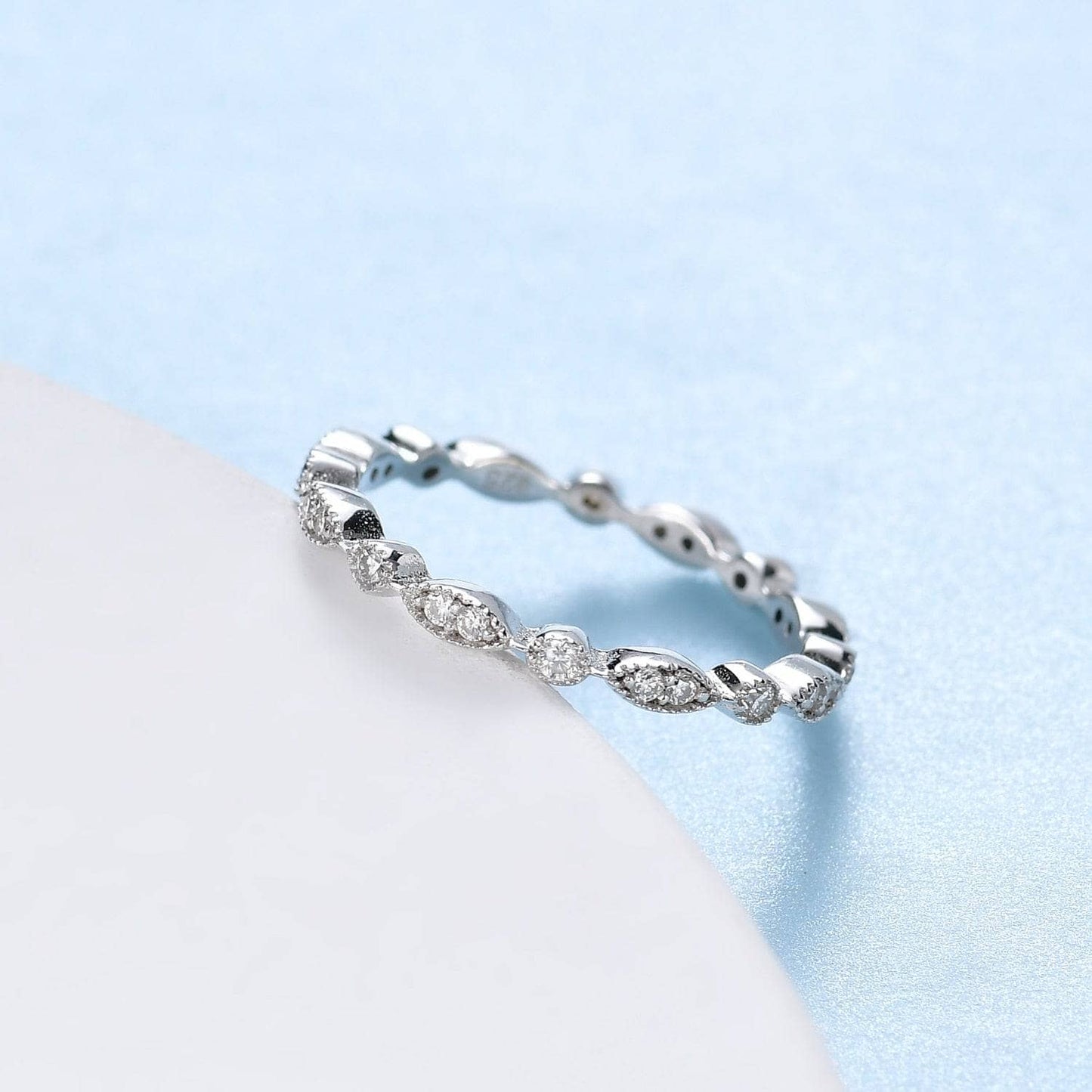 18k White Gold Round Moissanite Antique Milgrain Style Eternity Ring Band-Black Diamonds New York