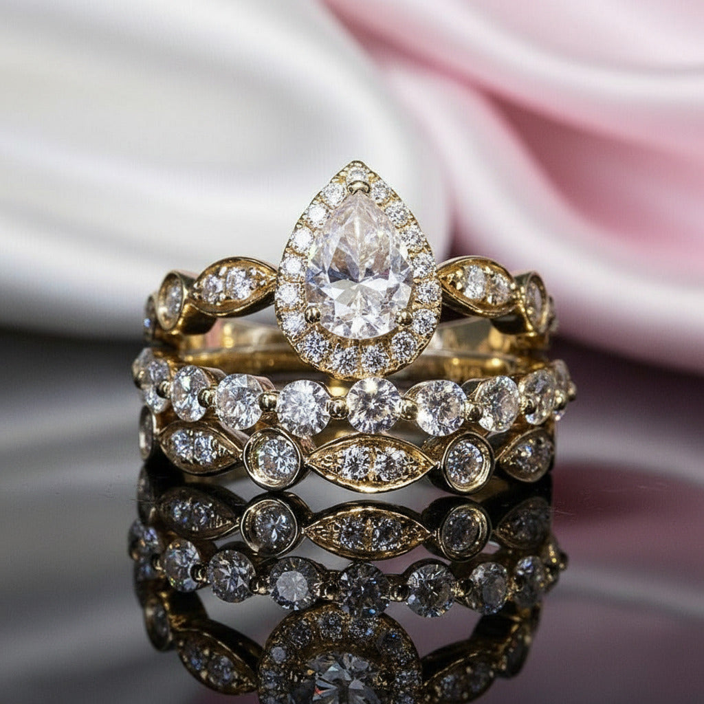 18K Yellow Gold 1.0ct Pear Cut Diamond Engagement Ring Set-Black Diamonds New York