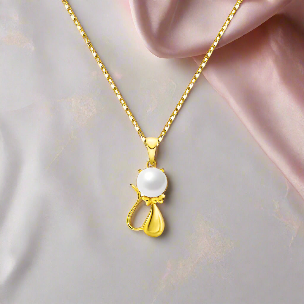 18k Yellow Gold Freshwater Pearl Mouse Pendant Necklace-Black Diamonds New York