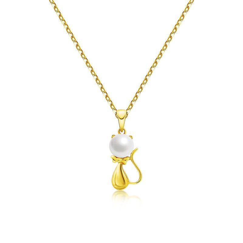 18K Yellow Gold Freshwater Pearl Mouse Pendant Necklace-Black Diamonds New York