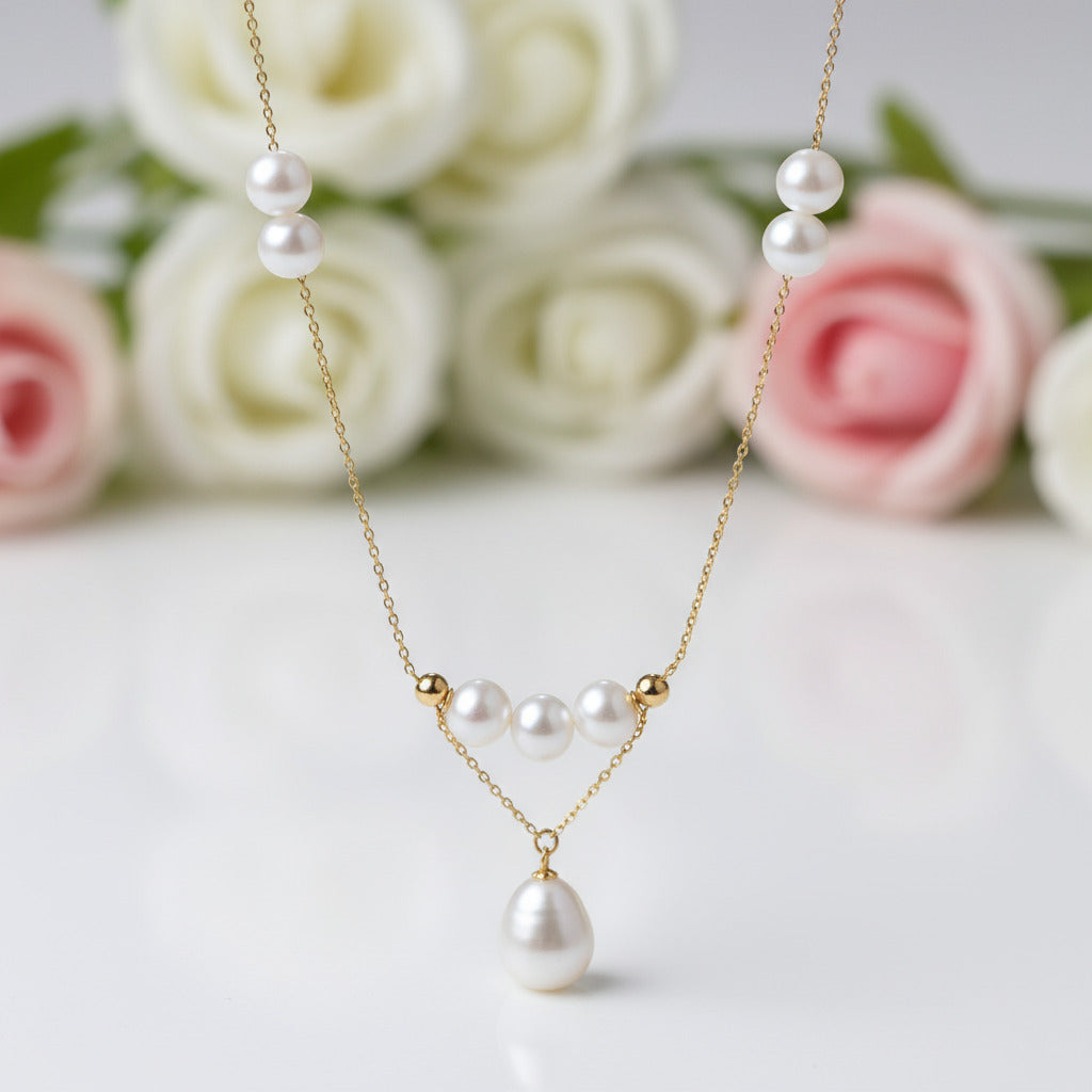 18k Yellow Gold Freshwater Pearl Necklace-Black Diamonds New York