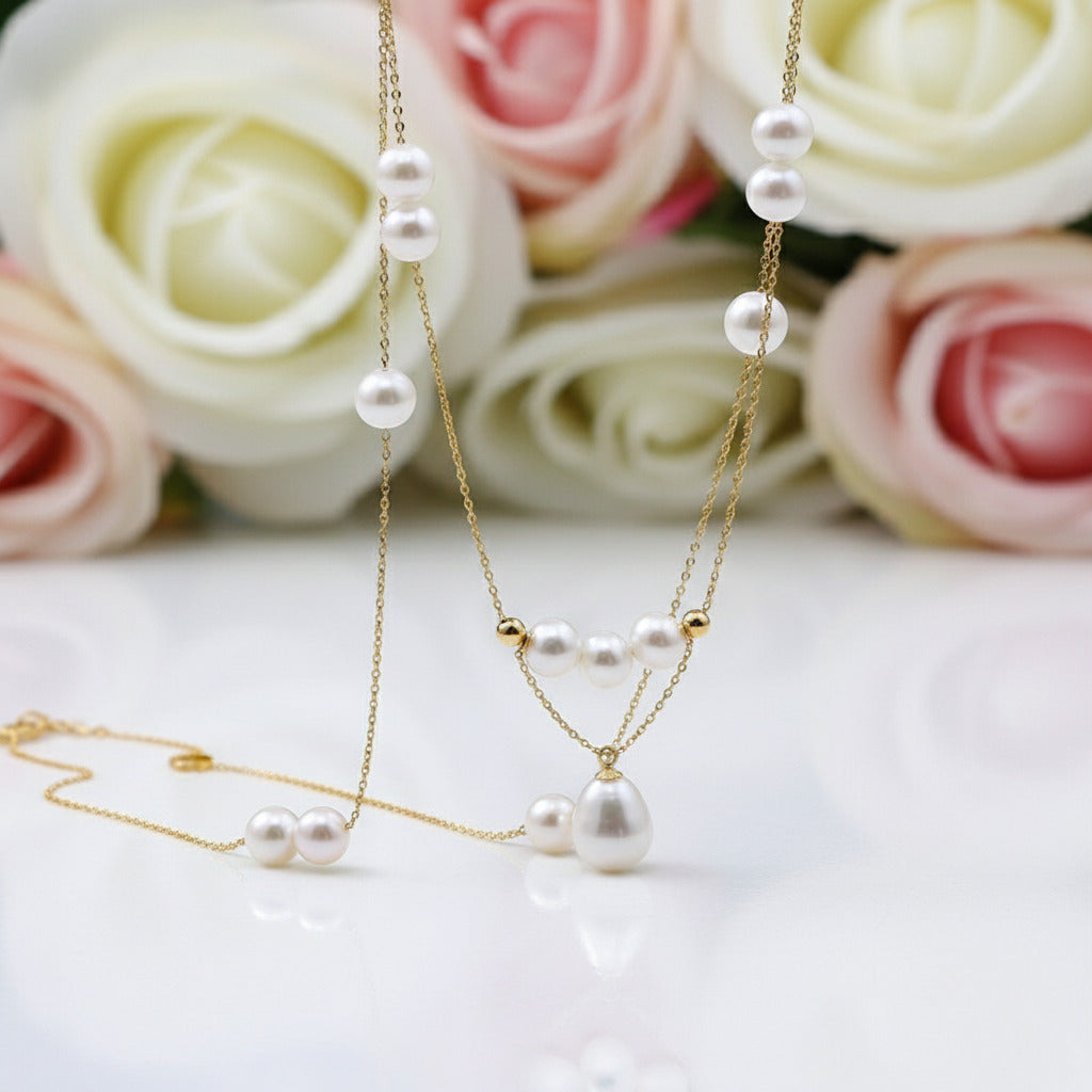 18k Yellow Gold Freshwater Pearl Necklace-Black Diamonds New York