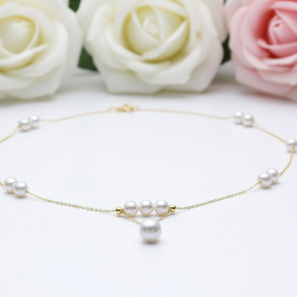 18k Yellow Gold Freshwater Pearl Necklace-Black Diamonds New York