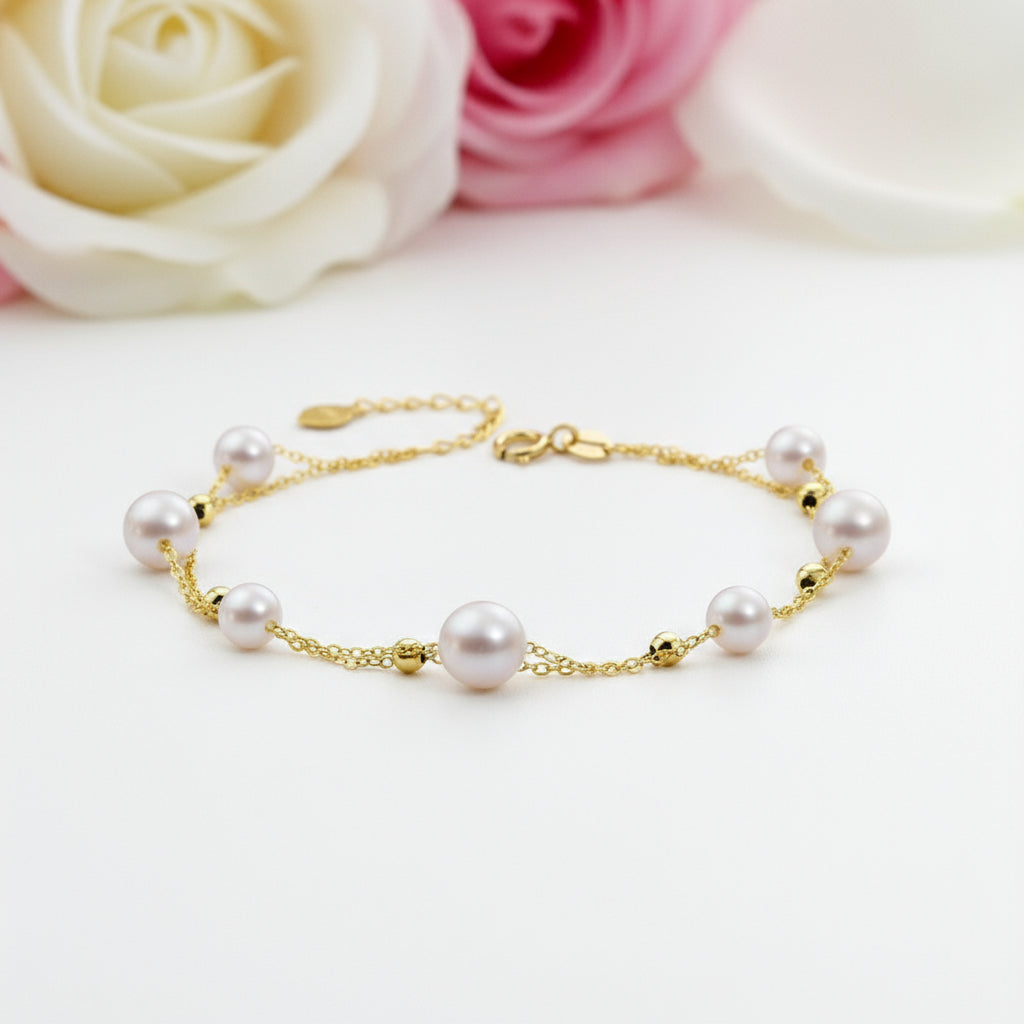 18k Yellow Gold Natural Freshwater Pearl Bracelet-Black Diamonds New York