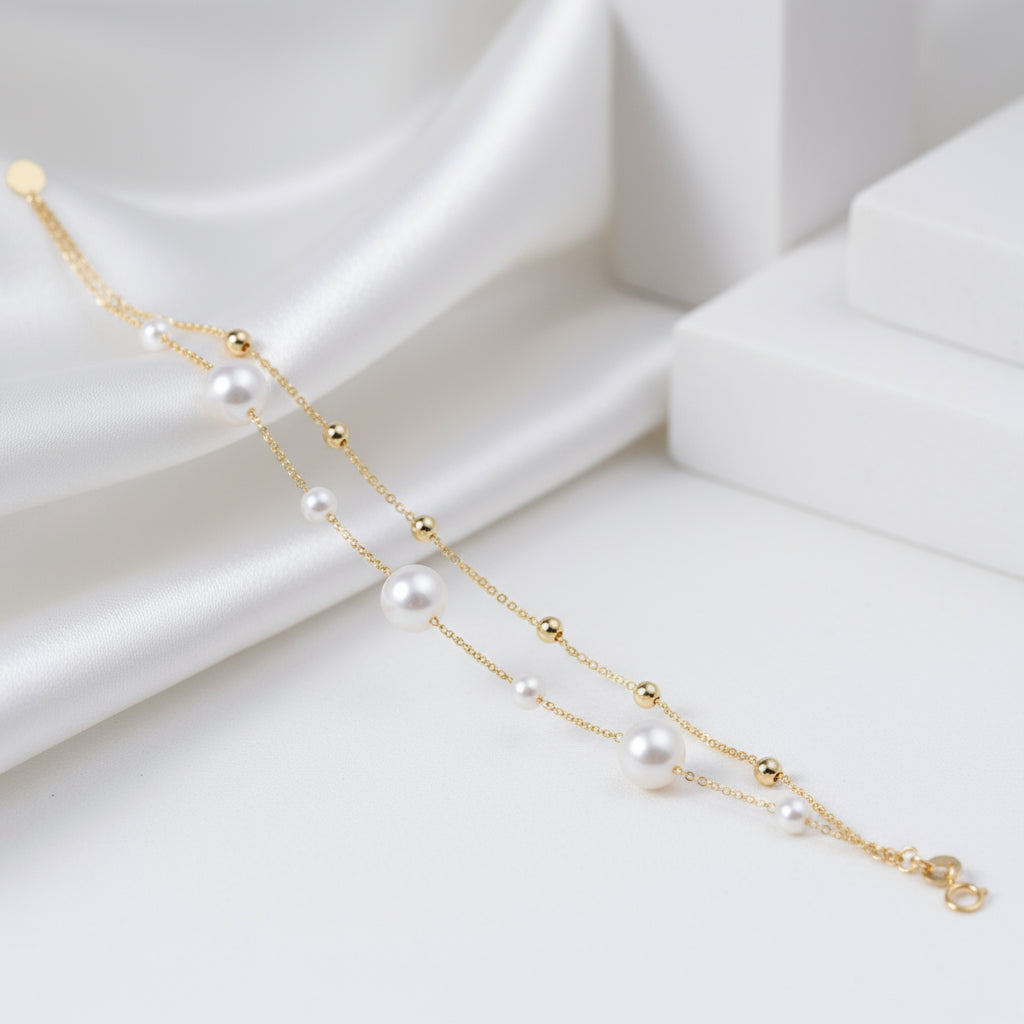 18k Yellow Gold Natural Freshwater Pearl Bracelet-Black Diamonds New York