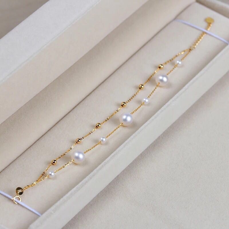 18K Yellow Gold Natural Freshwater Pearl Bracelet-Black Diamonds New York