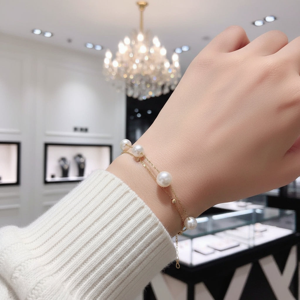 18k Yellow Gold Natural Freshwater Pearl Bracelet-Black Diamonds New York