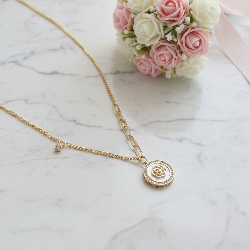 18k Yellow Gold Rose in a Shell Pendant Necklace-Black Diamonds New York