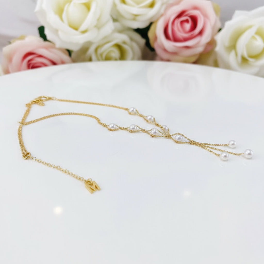 18k Yellow Gold Round White Akoya Pearl Necklace-Black Diamonds New York