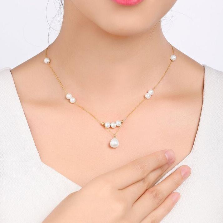 18k Yellow Gold Freshwater Pearl Necklace-Black Diamonds New York