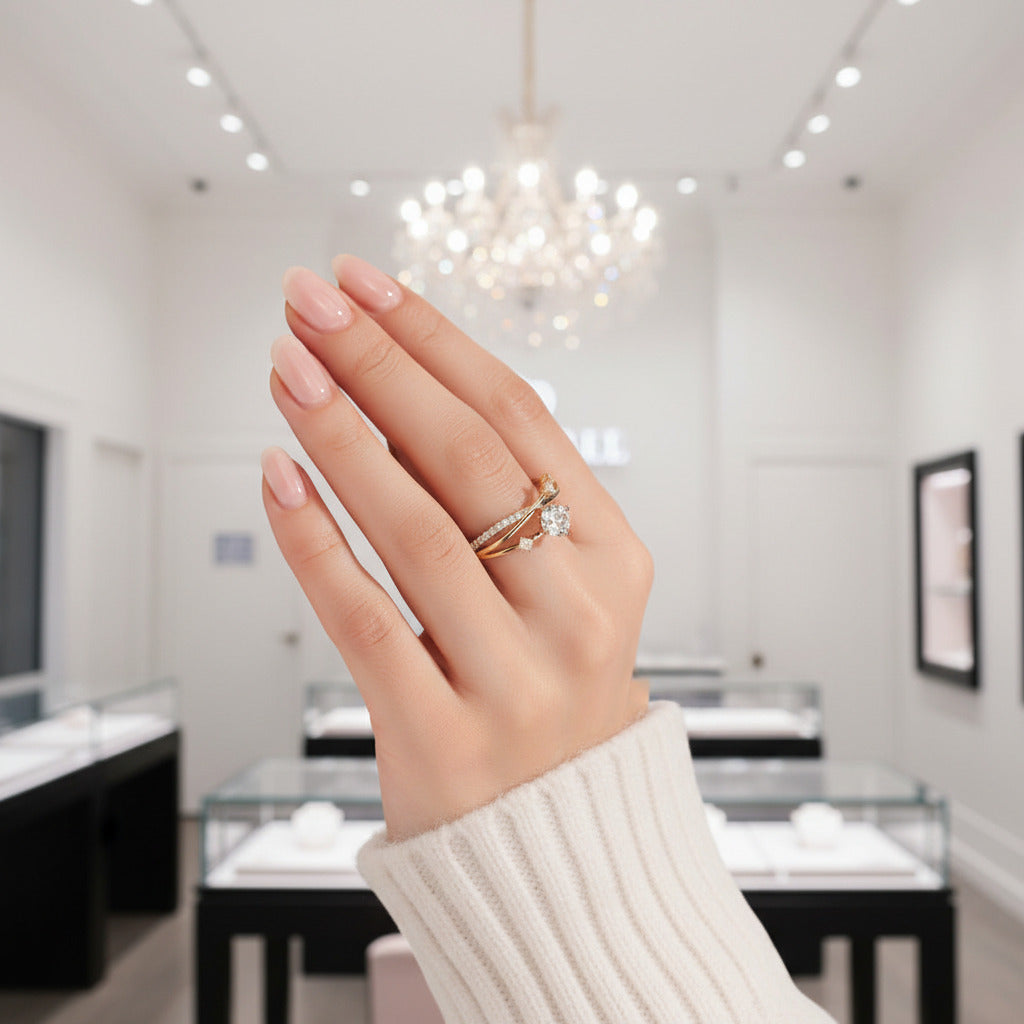 18K Dainty Round Cut Diamond Branch Design Engagement Ring – Black