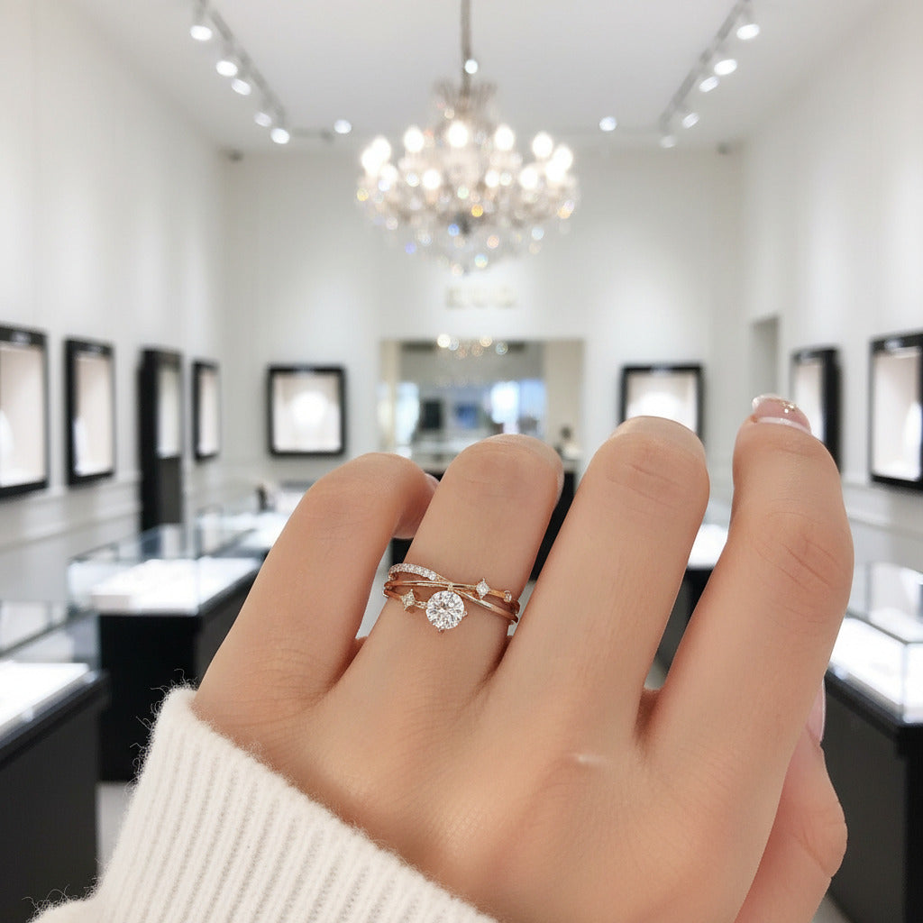 18K Dainty Round Cut Diamond Branch Design Engagement Ring-Black Diamonds New York