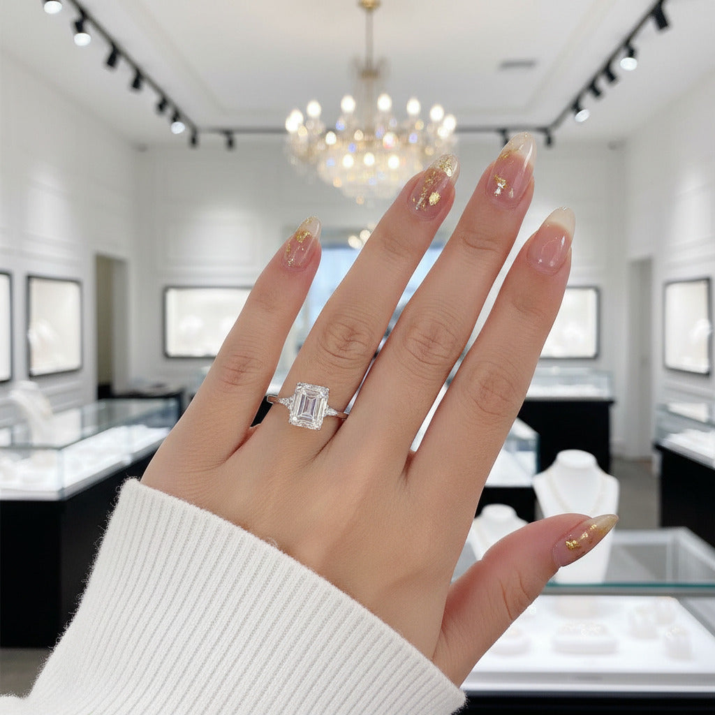 18k White Gold 5.0ct Emerald Cut Diamond Option Engagement Halo Ring-Black Diamonds New York