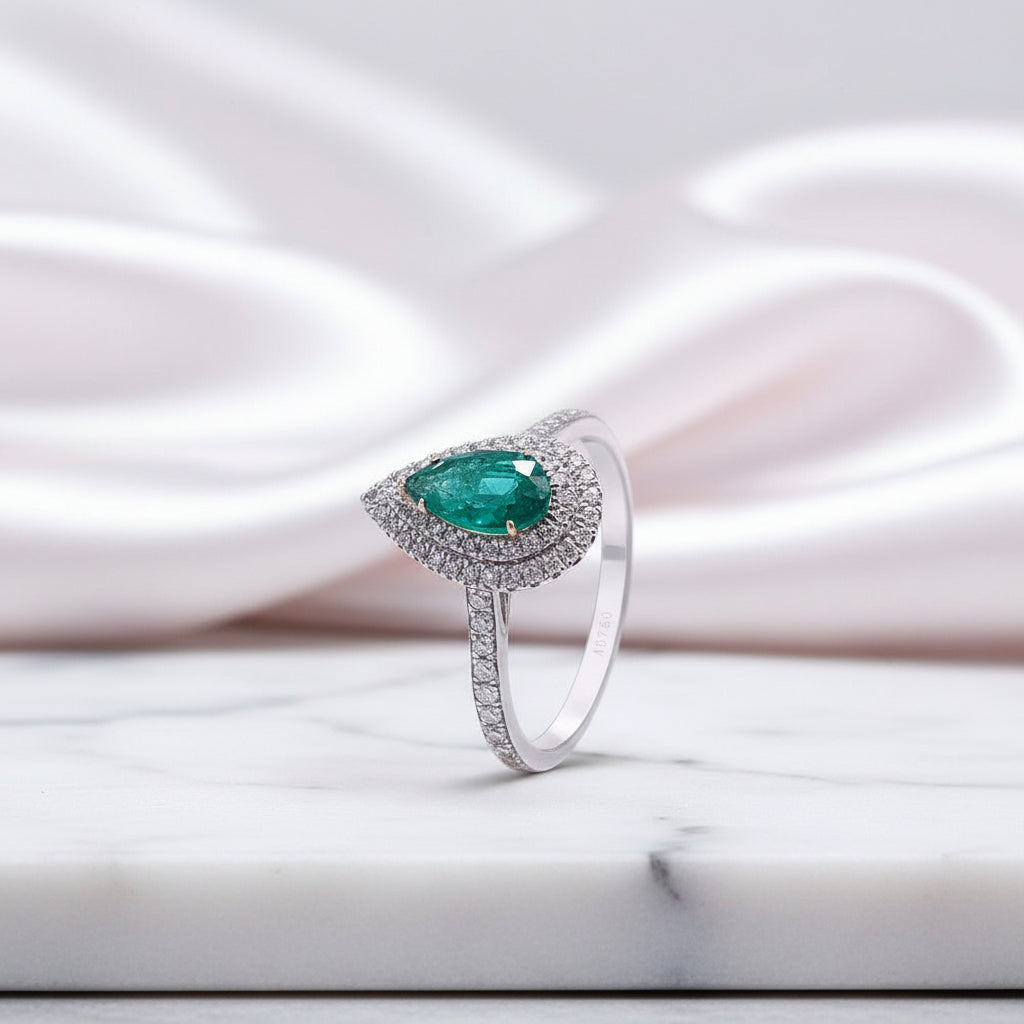 18k White Gold Pear Cut Emerald Double Halo Engagement Ring-Black Diamonds New York
