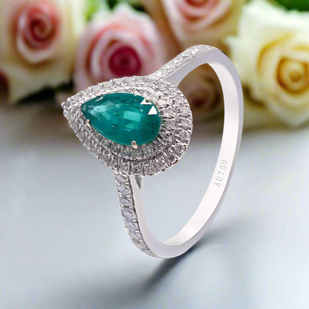 18k White Gold Pear Cut Emerald Double Halo Engagement Ring-Black Diamonds New York