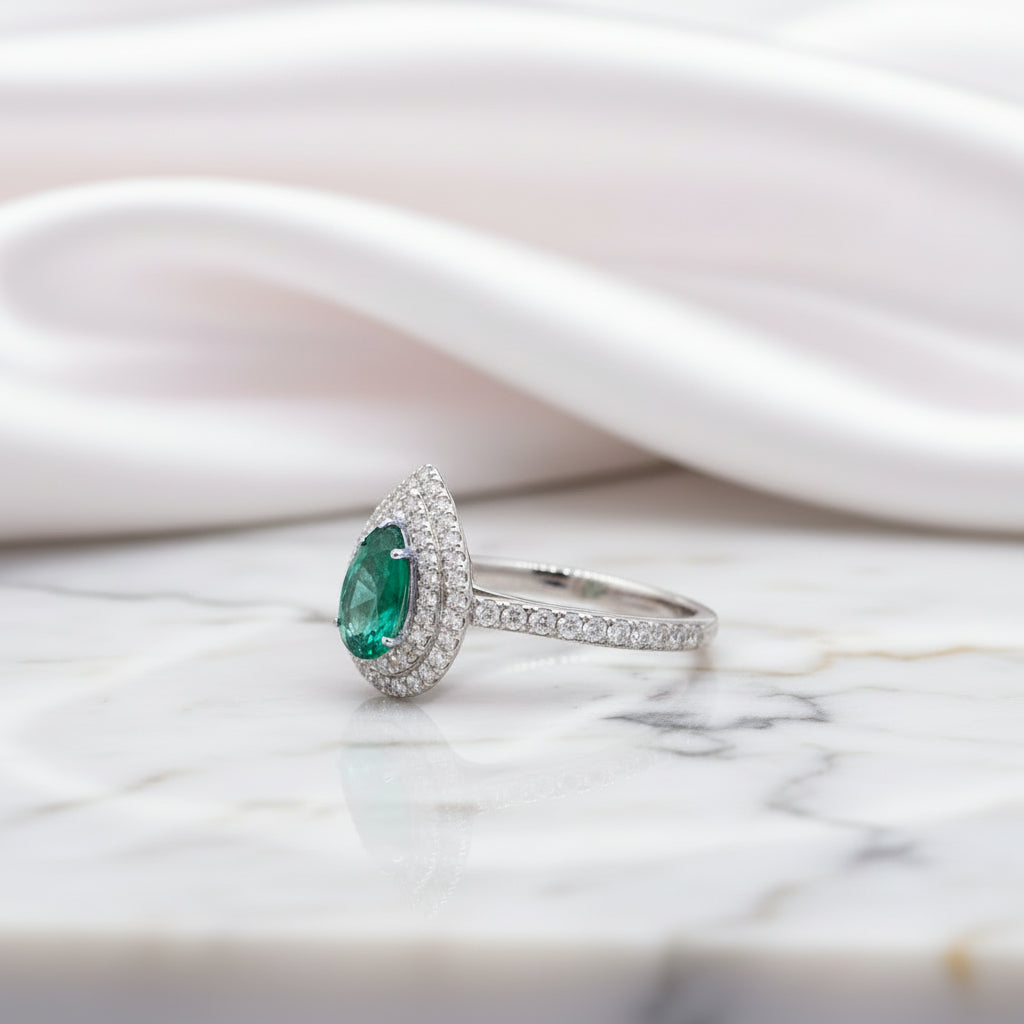 18k White Gold Pear Cut Emerald Double Halo Engagement Ring-Black Diamonds New York