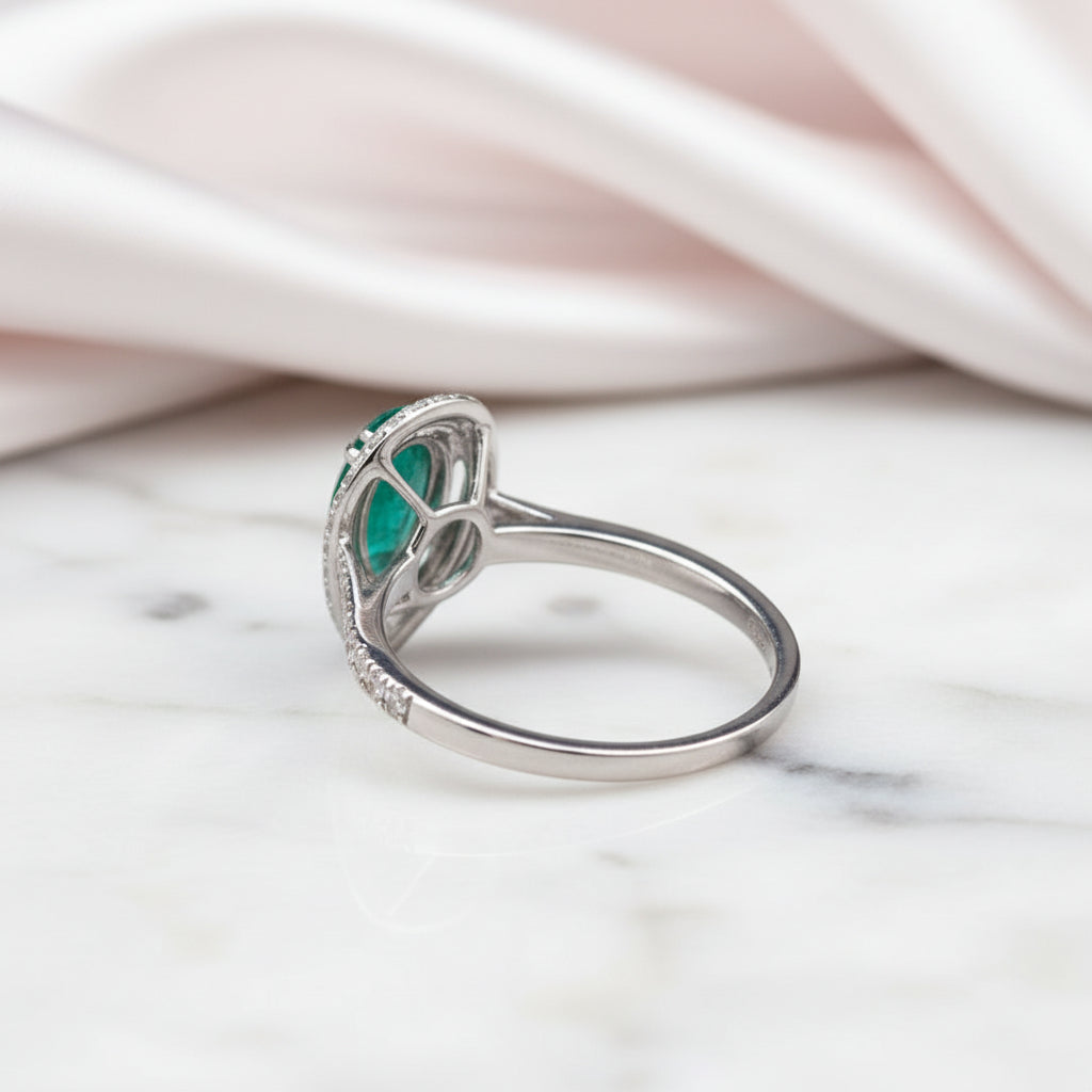 18k White Gold Pear Cut Emerald Double Halo Engagement Ring-Black Diamonds New York