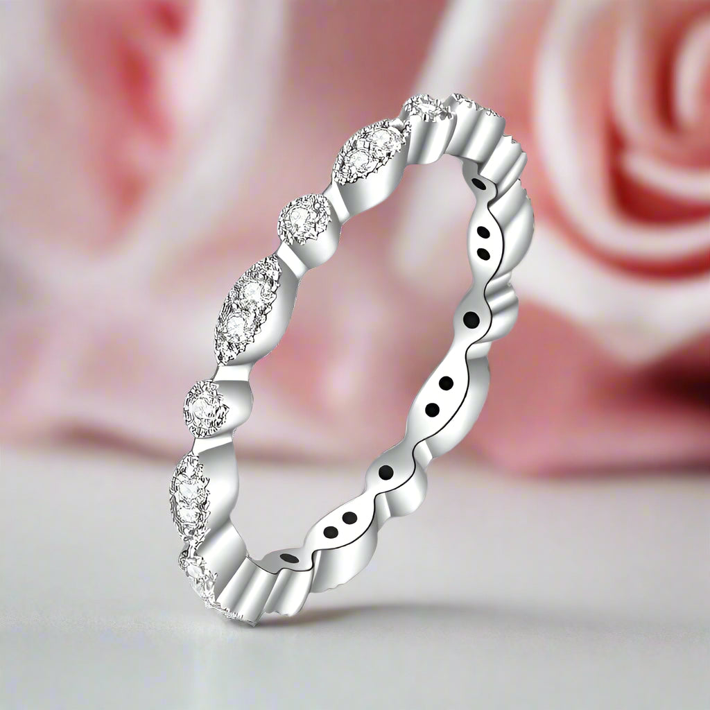 18k White Gold Round Diamond Antique Milgrain Style Eternity Ring Band-Black Diamonds New York