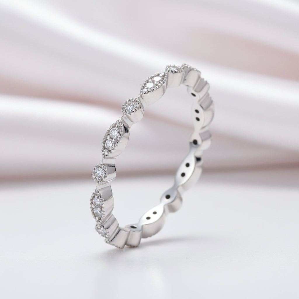 18k White Gold Round Diamond Option Antique Milgrain Option Eternity Ring Band-Black Diamonds New York