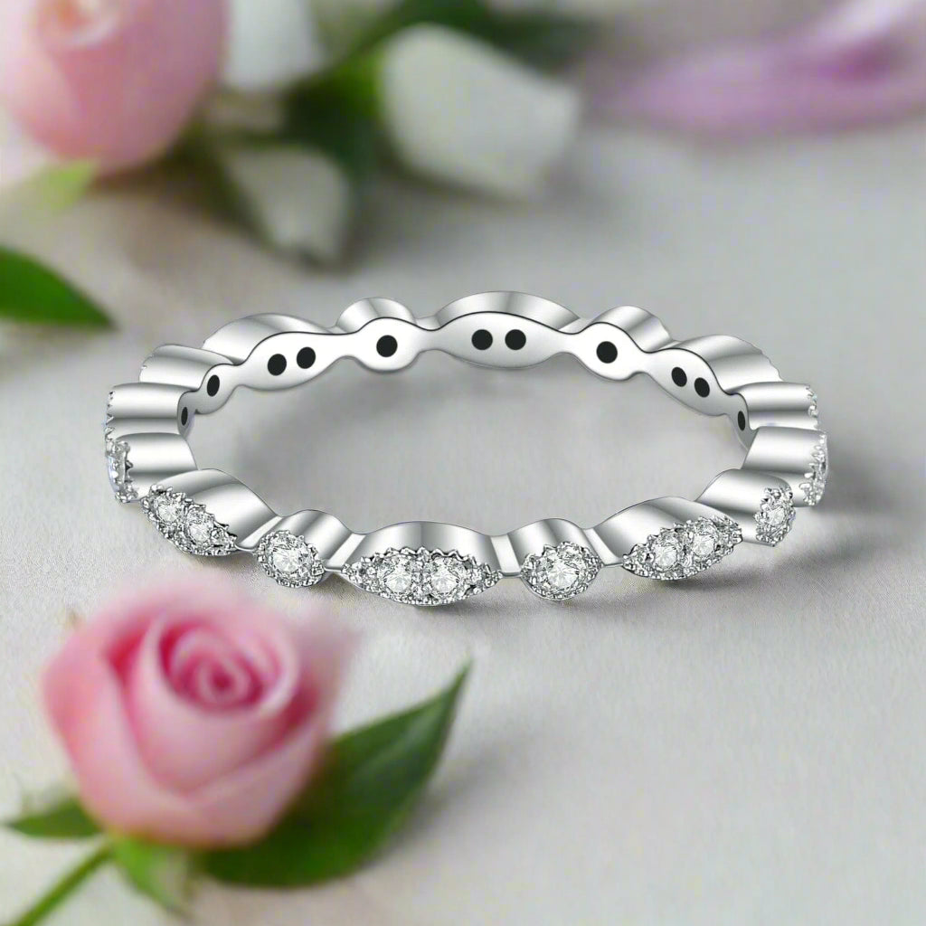 18k White Gold Round Diamond Antique Milgrain Style Eternity Ring Band-Black Diamonds New York