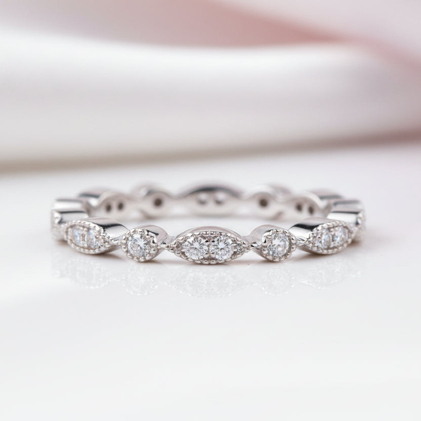 18k White Gold Round Diamond Option Antique Milgrain Option Eternity Ring Band-Black Diamonds New York