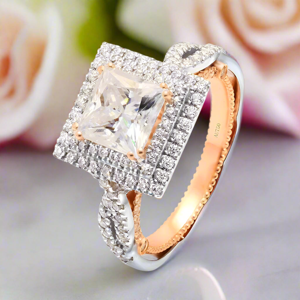 18k White and Rose Gold 2.5 Ct Princess Diamond Halo Engagement Ring-Black Diamonds New York