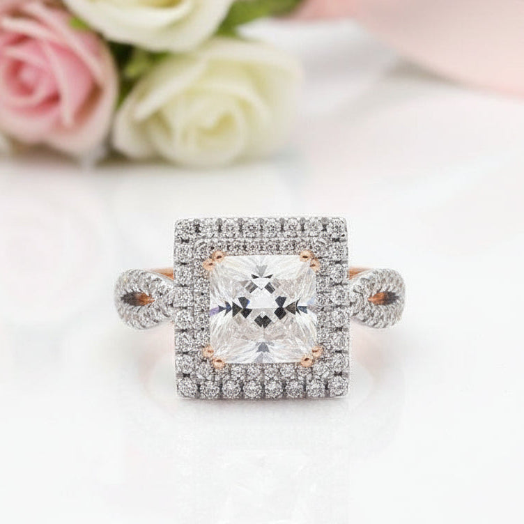 18k White and Rose Gold 2.5 Ct Princess Diamond Option Halo Engagement Ring-Black Diamonds New York