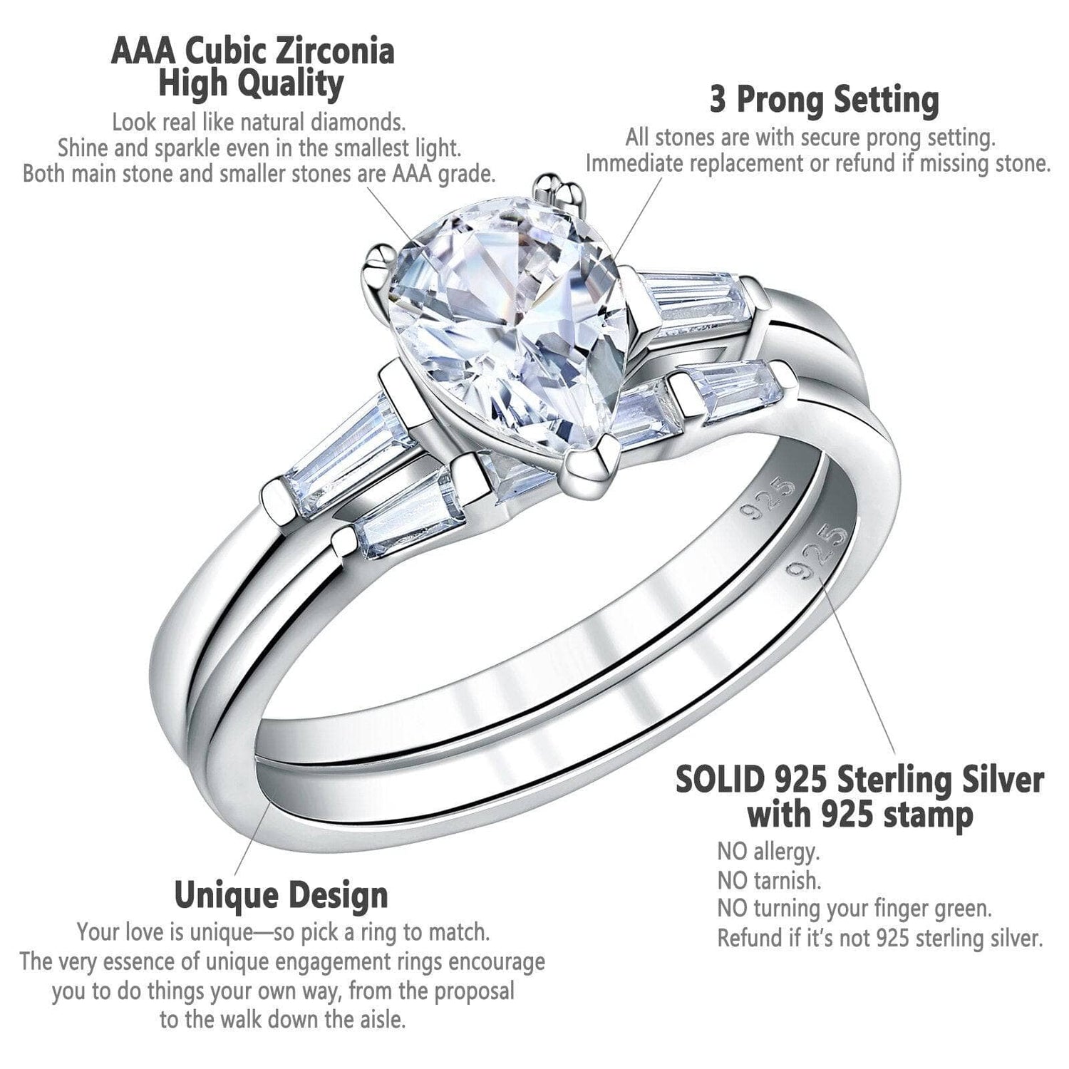 1.9Ct Pear Cut Created Diamond Ring Set-Black Diamonds New York