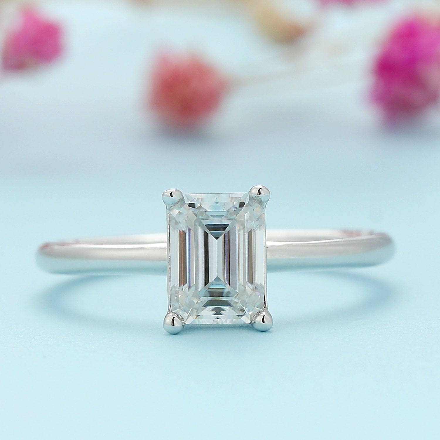 1ct 5*7mm Emerald Cut Moissanite Solitaire Engagement Ring - Black Diamonds New York